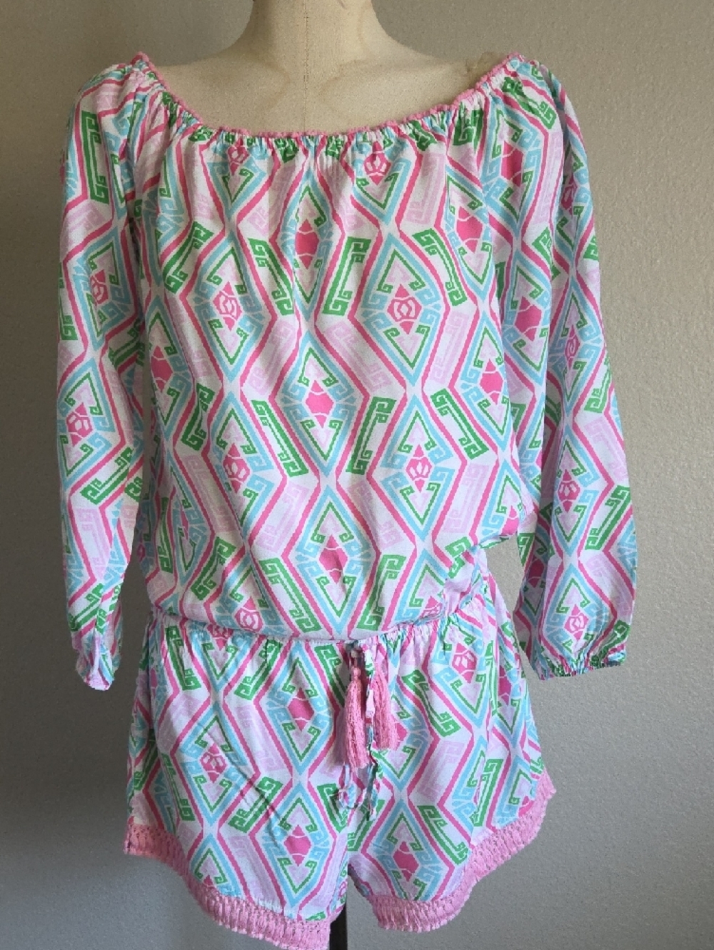 Macbeth Collection by Margaret Josephs Pink, Green & White Off-Shoulder Romper - Picture 3 of 6
